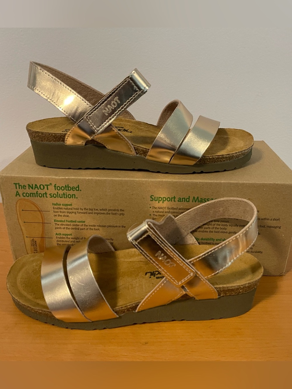 NAOT Womens Metallic Rose Gold Velcro Sandals. Size 8.